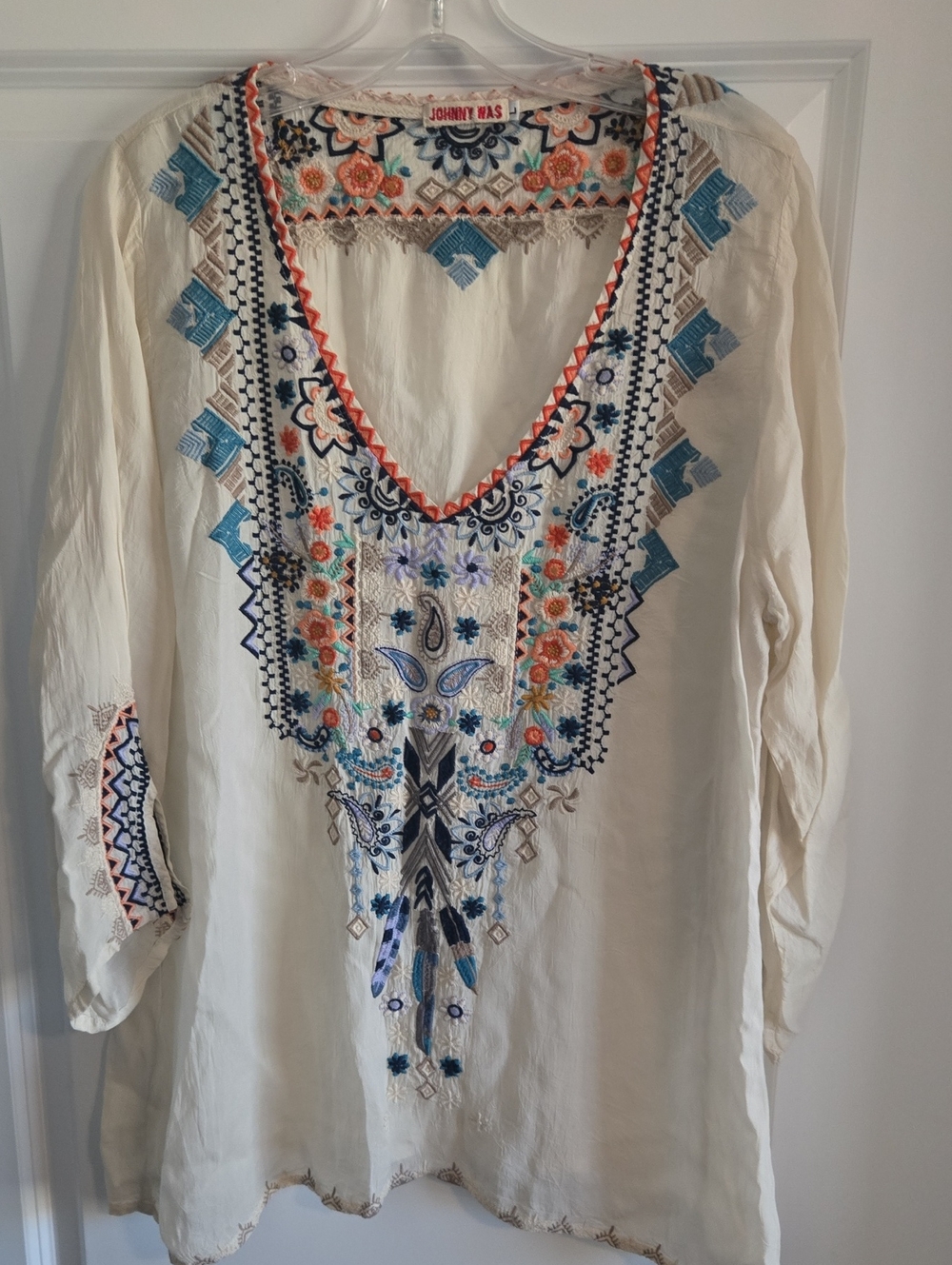 Johnny Was Cream Boho Embroidered V-Neck Tunic with Multicolor Accents